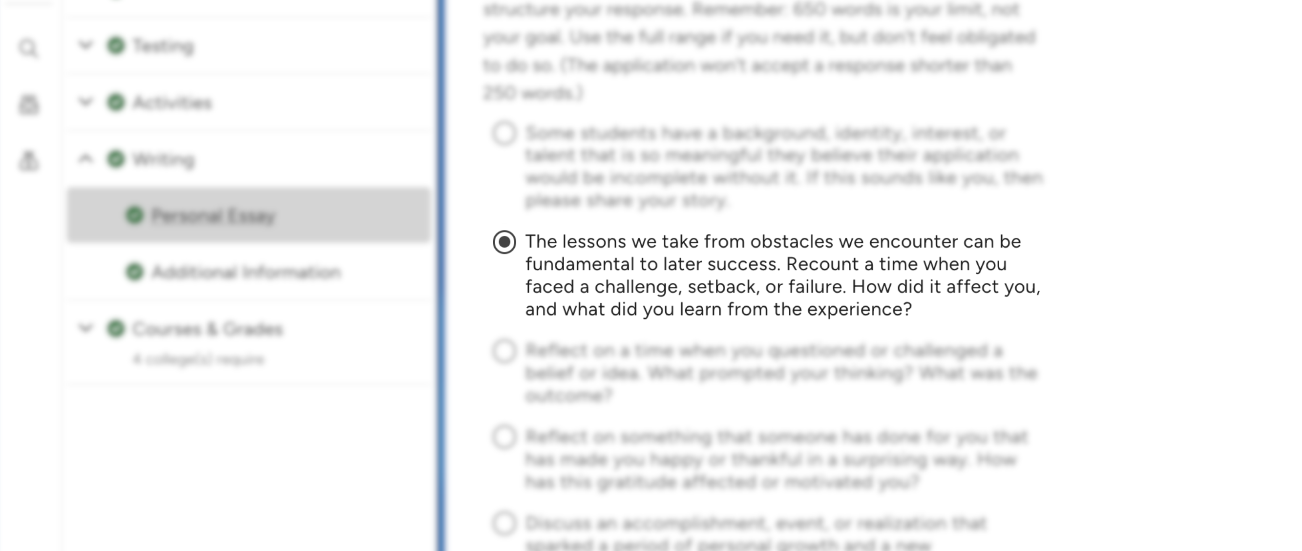 Screenshot of common app question