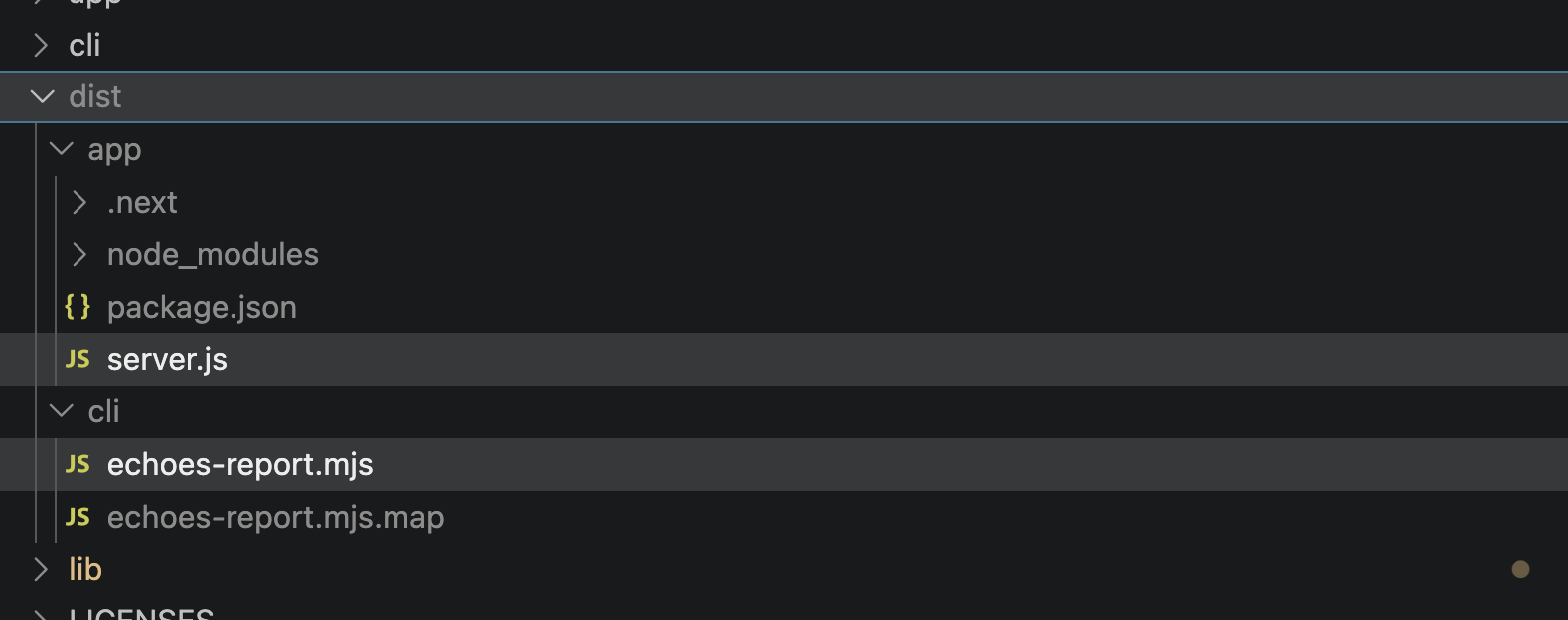 Image: the finished dist tree, with app/server.js and cli/echoes-report.mjs labeled.