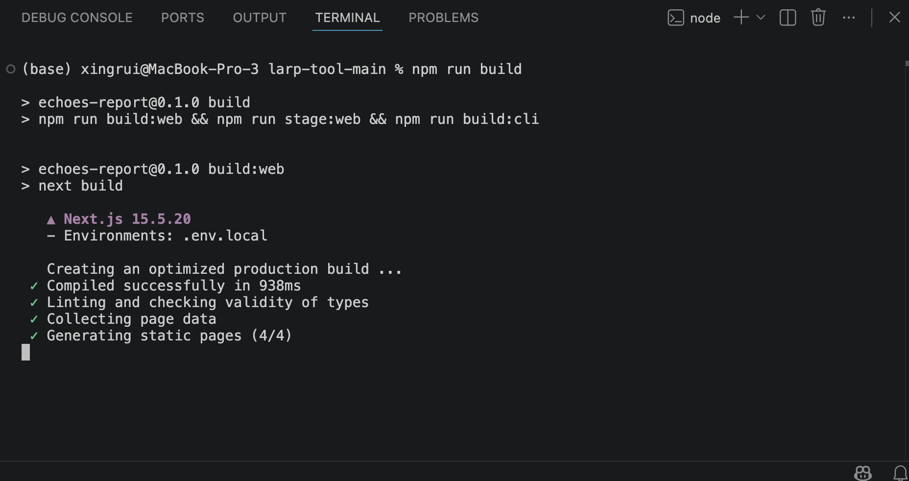 Image: npm run build running in VSCode terminal